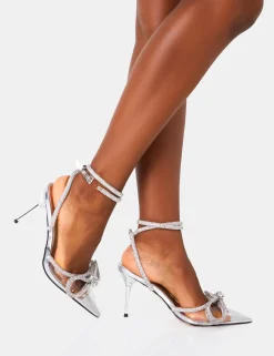 Outlet Midnight Mid heel Perspex Wrap Around Diamante Bow Pointed Toe Back In Stock | 4" Heels