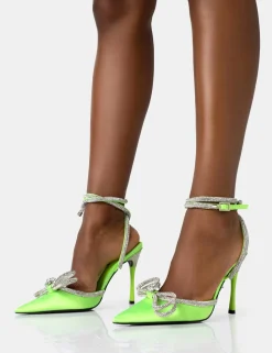 Online Midnight Neon Lime Satin Wrap Around Bow Pointed Toe Court Heels Court Heels | Diamante Heels