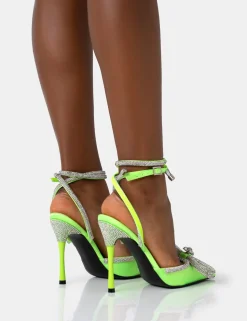 Online Midnight Neon Lime Satin Wrap Around Bow Pointed Toe Court Heels Court Heels | Diamante Heels