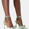 Hot Midnight Sage Satin Wrap Around Diamante Bow Pointed Toe High Heels Diamante Heels | High Heels