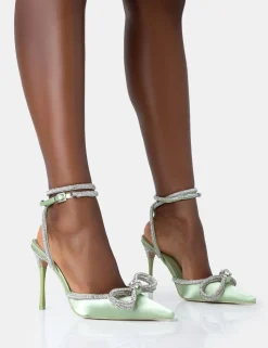 Hot Midnight Sage Satin Wrap Around Diamante Bow Pointed Toe High Heels Diamante Heels | High Heels