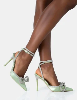 Hot Midnight Sage Satin Wrap Around Diamante Bow Pointed Toe High Heels Diamante Heels | High Heels