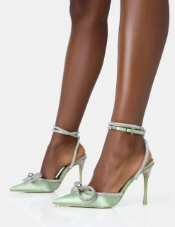 Hot Midnight Sage Satin Wrap Around Diamante Bow Pointed Toe High Heels Diamante Heels | High Heels