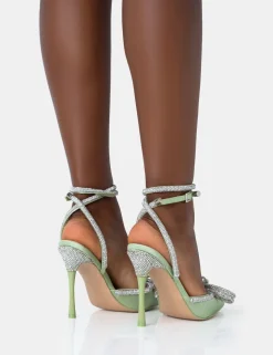Hot Midnight Sage Satin Wrap Around Diamante Bow Pointed Toe High Heels Diamante Heels | High Heels