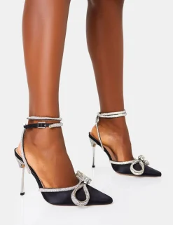 Clearance Midnight Wide Fit Black Wrap Around Diamante Bow Pointed Toe High Heel Back In Stock | High Heels