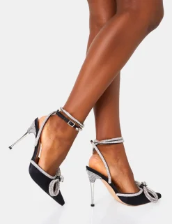 Clearance Midnight Wide Fit Black Wrap Around Diamante Bow Pointed Toe High Heel Back In Stock | High Heels
