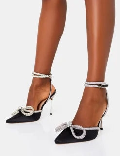 Clearance Midnight Wide Fit Black Wrap Around Diamante Bow Pointed Toe High Heel Back In Stock | High Heels
