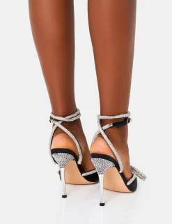 Clearance Midnight Wide Fit Black Wrap Around Diamante Bow Pointed Toe High Heel Back In Stock | High Heels