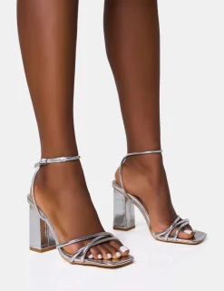 Shop Miley Mirror Strappy Square Toe Block Heels Silver Heels | Square Toe Heels