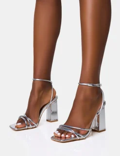 Shop Miley Mirror Strappy Square Toe Block Heels Silver Heels | Square Toe Heels