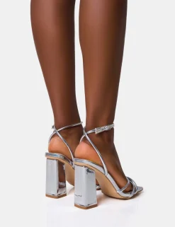 Shop Miley Mirror Strappy Square Toe Block Heels Silver Heels | Square Toe Heels
