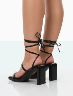 Online Misha Square Toe Strappy Lace Up Thin Block Heels Lace Up Heels | Block Heels