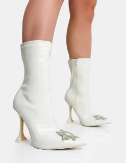 Store Modena Ecru Patent Diamante Broach Cake Stand Heel Ankle Boot Heeled Boots | Ankle Boots