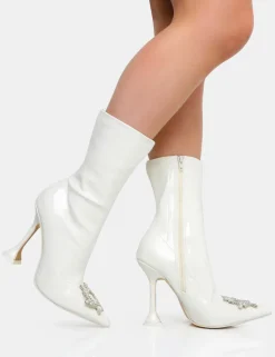 Store Modena Ecru Patent Diamante Broach Cake Stand Heel Ankle Boot Heeled Boots | Ankle Boots