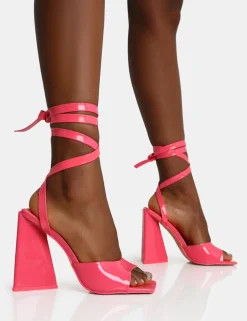 Sale Mojito Coral Patent Lace Up Pyramid Block Heels Square Toe Heels | Lace Up Heels