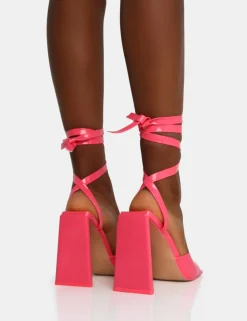 Sale Mojito Coral Patent Lace Up Pyramid Block Heels Square Toe Heels | Lace Up Heels