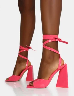 Sale Mojito Coral Patent Lace Up Pyramid Block Heels Square Toe Heels | Lace Up Heels