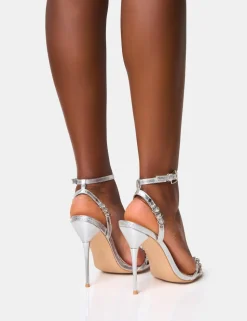 Hot Monster Jam Cracked Silver Metal Detail Barely There Round Toe Stiletto Heels Barely There Heels | Silver Heels