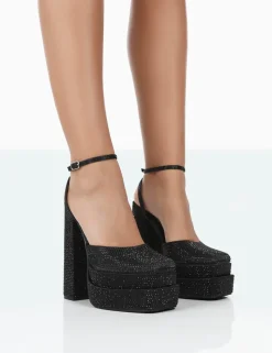 Outlet Moonchild Sparkly Diamanté Satin Closed Toe Platform Block Heels Diamante Heels | Block Heels