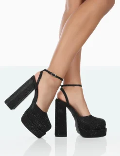 Outlet Moonchild Sparkly Diamanté Satin Closed Toe Platform Block Heels Diamante Heels | Block Heels