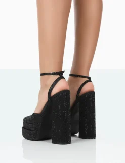 Outlet Moonchild Sparkly Diamanté Satin Closed Toe Platform Block Heels Diamante Heels | Block Heels