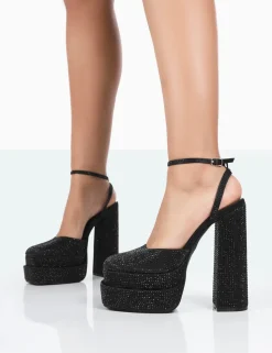 Outlet Moonchild Sparkly Diamanté Satin Closed Toe Platform Block Heels Diamante Heels | Block Heels