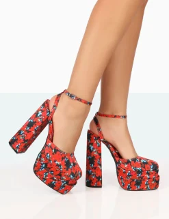 Online Moonchild Floral Satin Closed Toe Statement Platform Block Heels Platform Heels