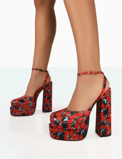Online Moonchild Floral Satin Closed Toe Statement Platform Block Heels Platform Heels