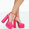 Clearance Moonchild Fuchsia Pink Satin Closed Toe Statement Platform Block Heels Pink Heels | Block Heels