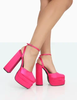 Clearance Moonchild Fuchsia Pink Satin Closed Toe Statement Platform Block Heels Pink Heels | Block Heels