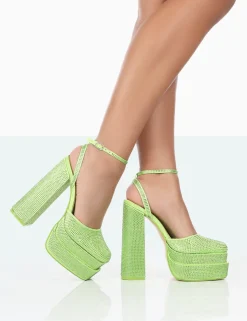 Sale Moonchild Lime Sparkly Diamanté Satin Statement Platform Block Heels Diamante Heels | Block Heels