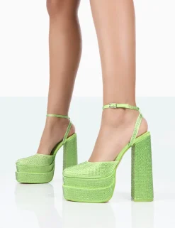 Sale Moonchild Lime Sparkly Diamanté Satin Statement Platform Block Heels Diamante Heels | Block Heels