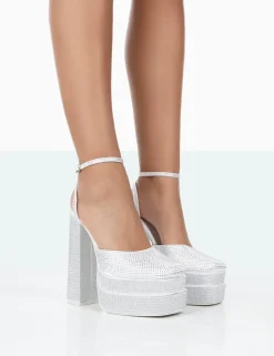 Clearance Moonchild Diamanté Satin Closed Toe Platform Block Heels Block Heels