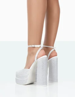 Clearance Moonchild Diamanté Satin Closed Toe Platform Block Heels Block Heels