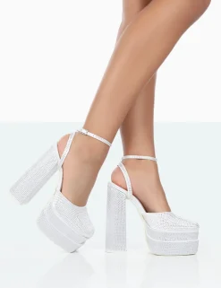 Clearance Moonchild Diamanté Satin Closed Toe Platform Block Heels Block Heels