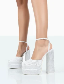 Clearance Moonchild Diamanté Satin Closed Toe Platform Block Heels Block Heels