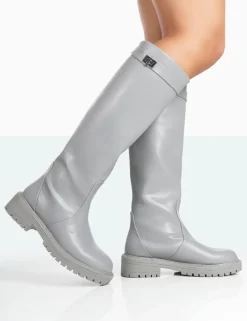 Fashion More Fun PU Round Toe Chunky Sole Knee High Boots Flat Boots | Knee High Boots