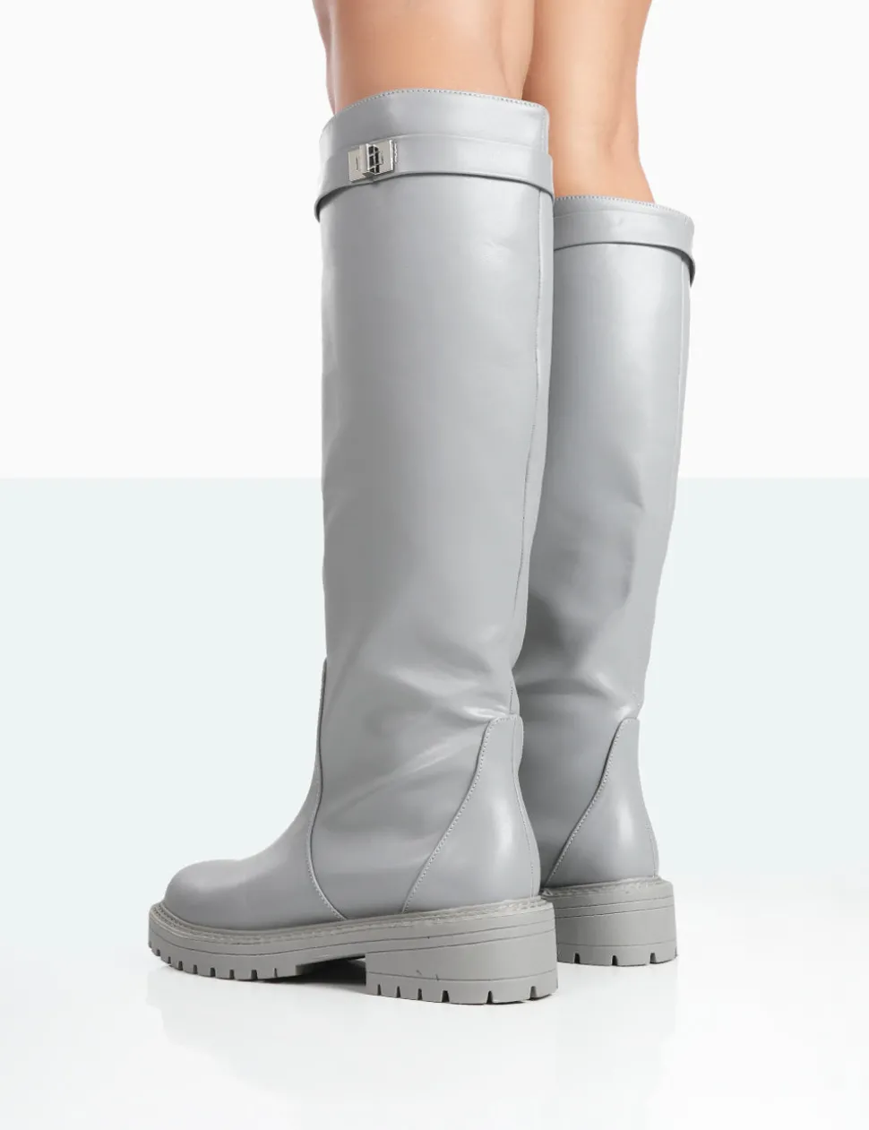 Fashion More Fun PU Round Toe Chunky Sole Knee High Boots Flat Boots | Knee High Boots
