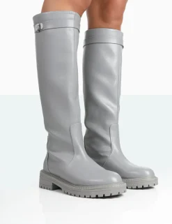 Best Sale More Fun Wide Fit Pu Round Toe Chunky Sole Knee High Boots Wide Fit Boots | Wide Fit Boots