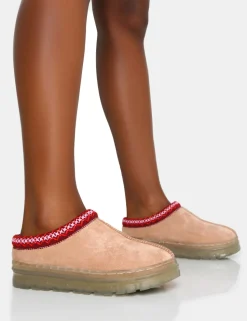Discount Nala Beige Faux Suede Embroidered Slipper Platform Boots Flats | Flat Boots