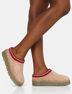 Discount Nala Beige Faux Suede Embroidered Slipper Platform Boots Flats | Flat Boots