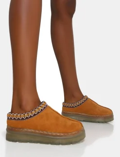 Fashion Nala Tan Faux Suede Embroidered Slipper Platform Boots Flats | Flat Boots