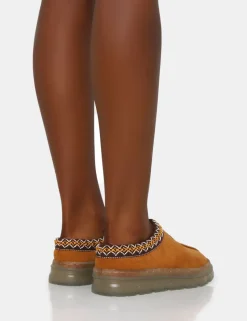 Fashion Nala Tan Faux Suede Embroidered Slipper Platform Boots Flats | Flat Boots