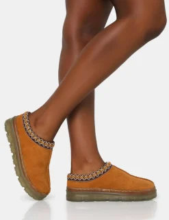 Fashion Nala Tan Faux Suede Embroidered Slipper Platform Boots Flats | Flat Boots