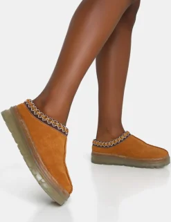 Fashion Nala Tan Faux Suede Embroidered Slipper Platform Boots Flats | Flat Boots