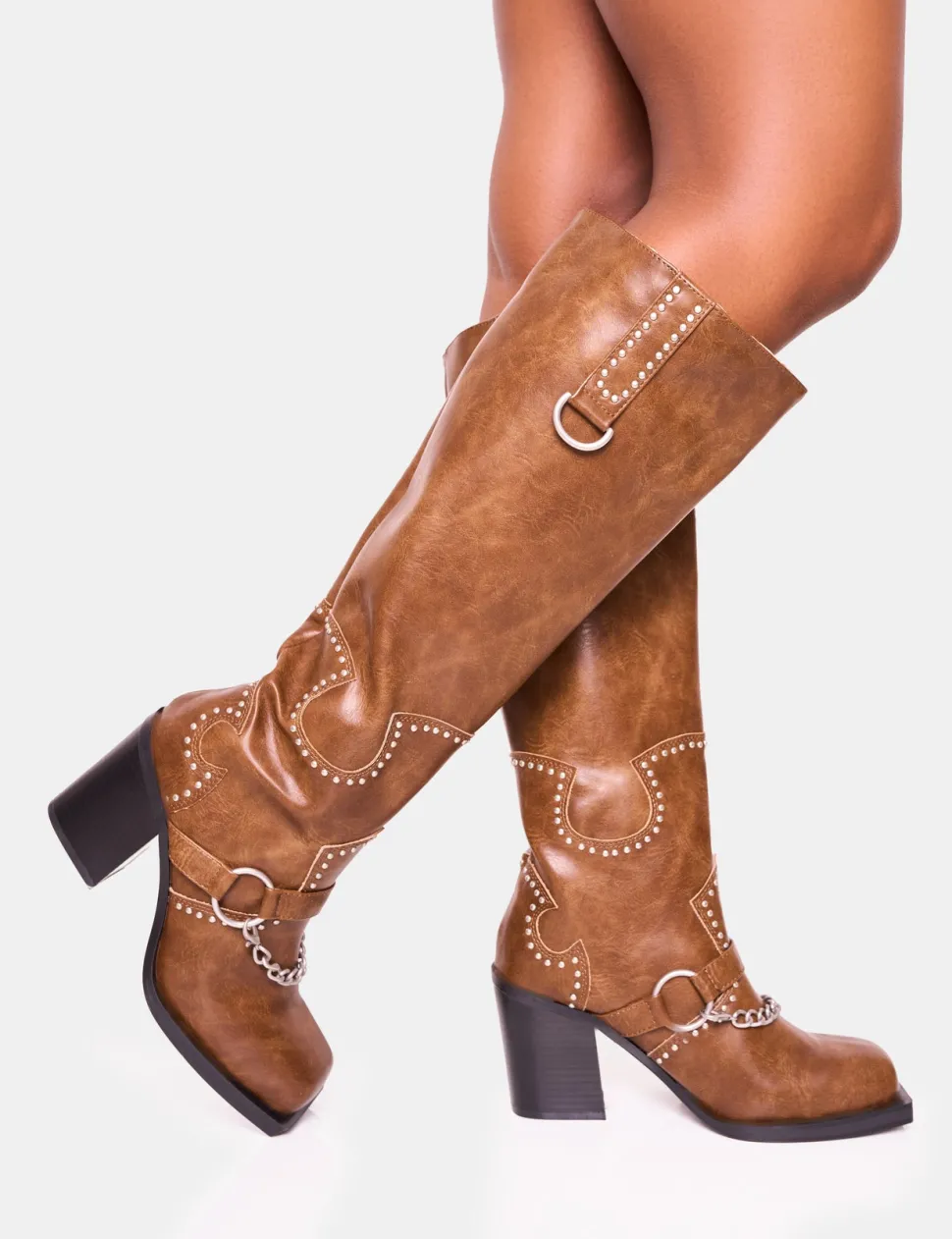Store Nashville Vintage Western Studded Block Heel Knee High Boot Block Heels | Western Boots