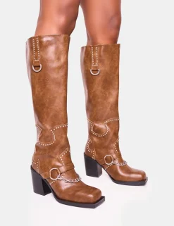Store Nashville Vintage Western Studded Block Heel Knee High Boot Block Heels | Western Boots