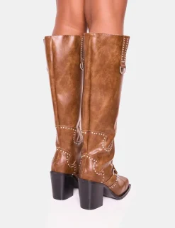 Store Nashville Vintage Western Studded Block Heel Knee High Boot Block Heels | Western Boots
