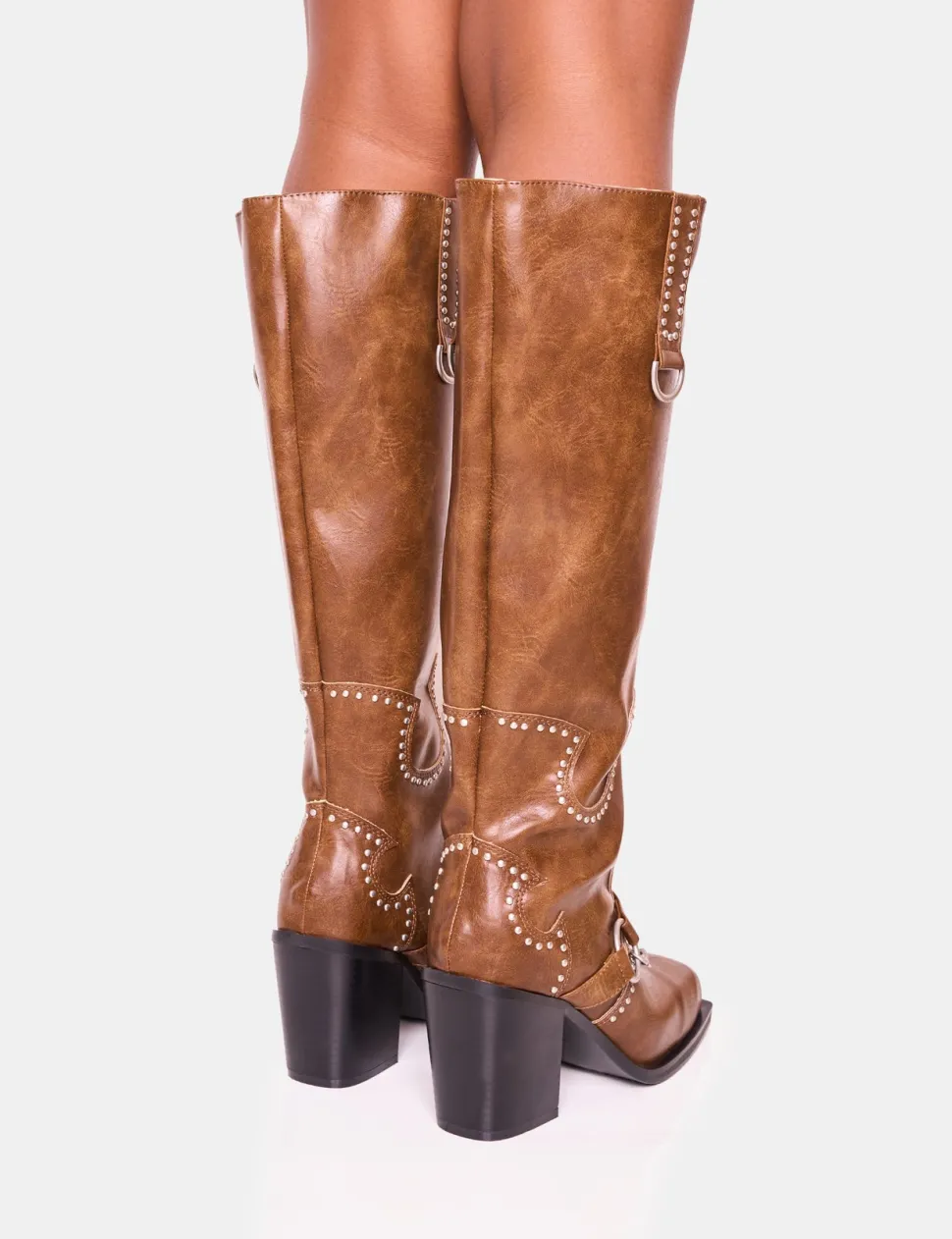 Store Nashville Vintage Western Studded Block Heel Knee High Boot Block Heels | Western Boots