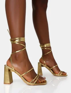 Shop Natty Pu Lace Up Square Toe Mid Block Heels Gold Heels | Square Toe Heels